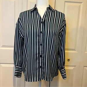 🍋 Philosophy Black White and Green Striped Button Down Shirt Blouse - XS